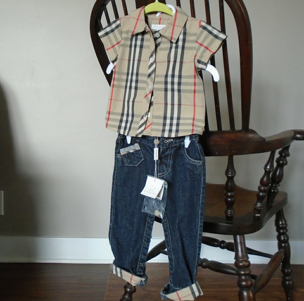New 12m Burberry Baby boy plaid shirt and jeans